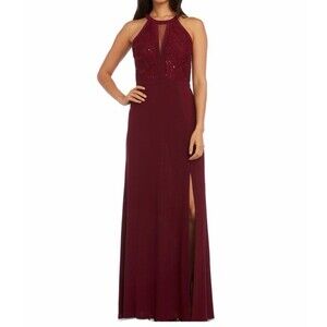 Nightway Size 10 Merlot Red High Neck Sequin Lace Maxi Dress Hoco Event Gown